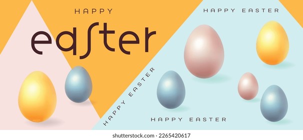 Happy Easter hand lettering with realistic looking ester eggs. Vector typography. Promotion, poster, flyer, article, postcard, web-banner, invitation template.