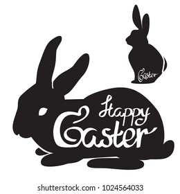 Happy Easter. Hand lettering. Silhouette of  black bunnies on white background . One of them has a font on his fur. Vector illustration on isolated background. 