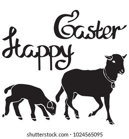 Happy Easter. Hand lettering. Silhouette of a black lamb and a sheep . Vector illustration on isolated on white  background. 