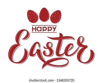 Happy Easter hand lettering text in red color. Happy Easter sign with eggs. For Pascha logotype, badge and icon, postcard, card, invitation, poster, banner, email.  Vector season greeting.