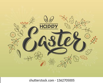 Happy Easter hand lettering text with flowers and branches in retro style. Happy Easter sign with bunny ears. For Easter badge, postcard, card, invitation, poster, banner. Vector season greeting