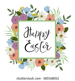 Happy Easter hand lettering text. Modern calligraphy style greeting card. Floral frame. Brush calligraphy. Floral spring template. Vector illustration.