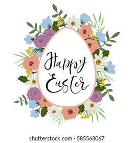 Happy Easter hand lettering text. Modern calligraphy style greeting card. Floral egg frame. Brush calligraphy. Floral spring template. Vector illustration.