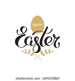 Happy easter hand lettering vector. Handwritten happy easter greeting card. Script font. Isolated black and gold symbol on white background. Template typography design, vector illustration