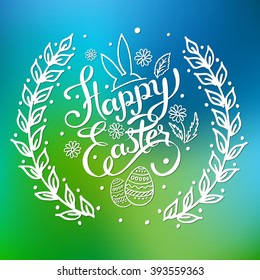 Happy Easter hand lettering vector card. Illustration on blurred background.