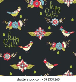 Happy Easter. Hand lettering wishes. Vector floral seamless pattern. Hand drawn botanical texture. Ornamental flowers and birds. Spring doodle illustration