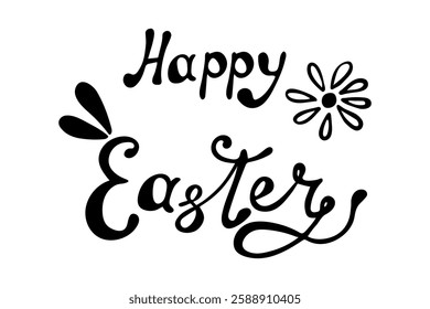 Happy Easter, hand made by hand with the ears of the rabbit and flower. Vector.