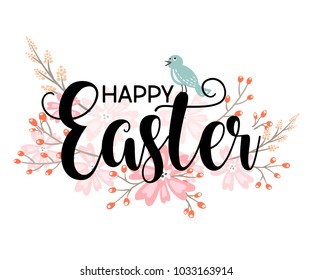 Happy Easter hand sketched logotype, badge typography icon. Lettering Happy Easter with flowers for greeting card, invitation template. Retro, vintage lettering banner poster template background
