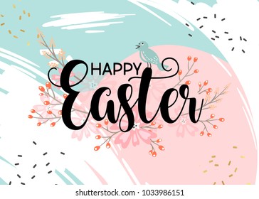 Happy Easter hand sketched logotype, badge typography icon. Lettering Happy Easter with flowers for greeting card, invitation template. Retro, vintage lettering banner poster template background