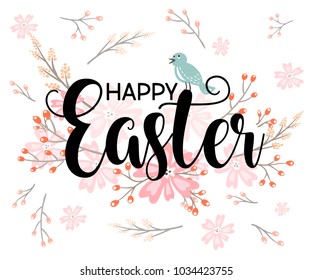 Happy Easter hand sketched logotype, badge typography icon. Lettering Happy Easter with flowers for greeting card, invitation template. Retro, vintage lettering banner poster template background