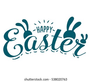 Happy Easter hand sketched logotype, badge typography icon. Lettering Happy Easter with rabbit ears for greeting card, invitation template. Retro, vintage lettering banner poster template background.