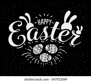 Happy Easter hand sketched logotype, badge typography icon. Lettering Happy Easter with rabbit ears for greeting card, invitation template. Retro, vintage lettering banner poster template background.