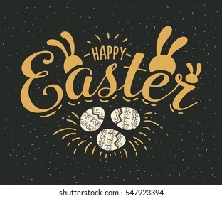 Happy Easter hand sketched logotype, badge typography icon. Lettering Happy Easter with rabbit ears for greeting card, invitation template. Retro, vintage lettering banner poster template background