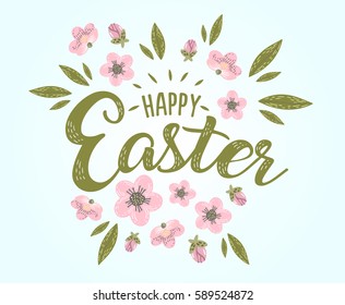 Happy Easter hand sketched logotype, badge typography icon. Lettering Happy Easter with flowers for greeting card, invitation template. Retro, vintage lettering banner poster template background