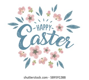 Happy Easter hand sketched logotype, badge typography icon. Lettering Happy Easter with flowers for greeting card, invitation template. Retro, vintage lettering banner poster template background