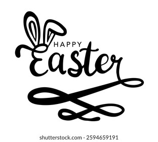 Happy Easter hand writing lettering with bunny ears. Modern black vector brush calligraphy banner with swashes on transparent background. Easter font design for holiday greeting card, banner, invite