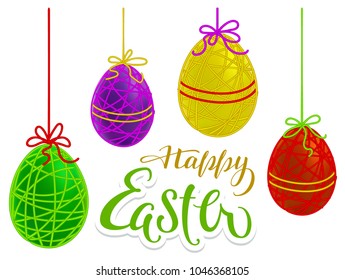 Happy Easter hand written calligraphy text for greeting card and colored eggs. Isolated vector illustration