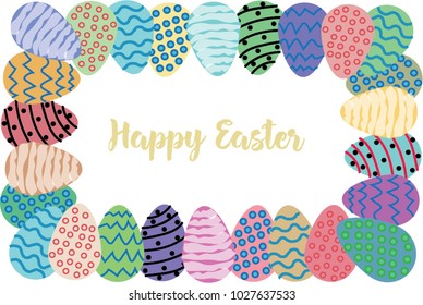 Happy Easter hand written font  with colorful eggs on the white background. Ideal for holiday, card, greeting, poster, print, background, cover, message, banner, cute illustration.