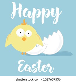 Happy Easter hand written font with baby chiken hatched from an egg. Ideal for holiday, card, greeting, poster, print, background, cover, message, banner, cute illustration.