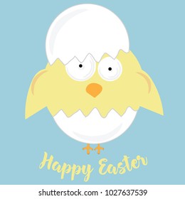 Happy Easter hand written font with baby chiken hatched from an egg. Ideal for holiday, card, greeting, poster, print, background, cover, message, banner, cute illustration.