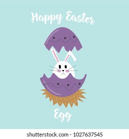 Happy Easter hand written font with easter bunny hatched from an egg. Ideal for holiday, card, greeting, poster, print, background, cover, message, banner, cute illustration.