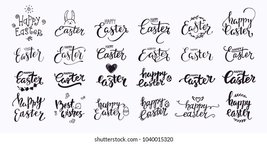 Happy Easter hand written lettering. Modern brush calligraphy text templates with Easter eggs and rabbit. Congratulation phrases for greeting card, invitation, banner, poster, flyer. Isolated vector.