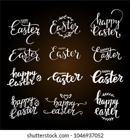 Happy Easter hand written lettering. Brush calligraphy text templates with Easter eggs. Congratulation phrases for greeting card, invitation, banner, poster, flyer template. Isolated vector set.