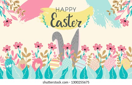 Happy Easter hand written lettering words and cute floral adorable banner with flowers, eggs, leaves and hand drawn textures on background