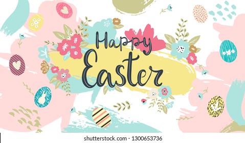 Happy Easter hand written lettering words and cute floral adorable banner with flowers, eggs, leaves and hand drawn textures on background