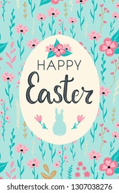 Happy Easter hand written lettering words and cute floral adorable banner with floral pattern on background