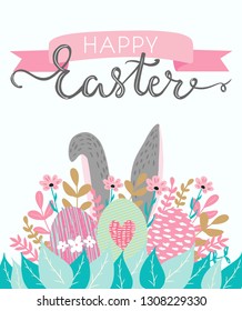 Happy Easter hand written lettering words and cute floral adorable banner with flowers, eggs, leaves and hand drawn textures on background