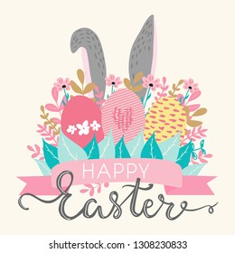 Happy Easter hand written lettering words and cute floral adorable banner with flowers, eggs, leaves and hand drawn textures on background