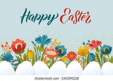 Happy Easter hand written lettering words and cute floral adorable banner with flowers, eggs, leaves and hand drawn textures on background