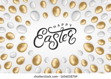 Happy Easter hand written lettering text with golden and silver eggs with geometric patterns. Isolated on background. Realistic 3d style. Vector illustration.