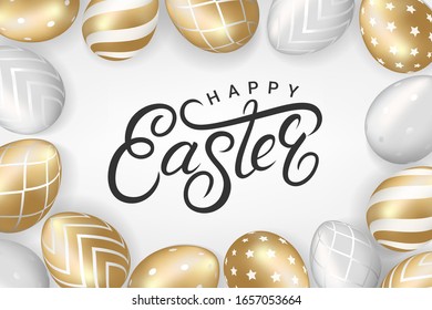 Happy Easter hand written lettering text with golden and silver eggs with geometric patterns. Isolated on background. Realistic 3d style. Vector illustration.