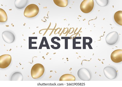 Feliz texto escrito a mano de Pascua con huevos de oro y plata con confeti de oro espumoso. Fondo gris. Estilo 3D realista. Ilustración vectorial.