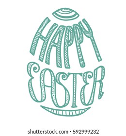 Happy Easter hand written lettering in egg shape. Green lineart with dots and strokes. Isolated on white background.