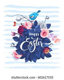 Happy Easter hand written text against bush of rose flowers, blue bird sitting on top of it and horizontal paint traces on background. Vector illustration for party invitation, greeting card, flyer.