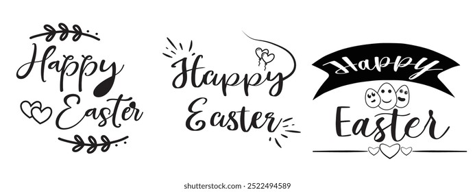 happy easter hand written typography lettering text line design, abstract vector with eggs 