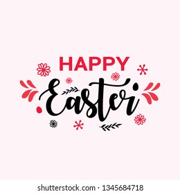 Happy Easter hand-drawing, lettering, greeting card with decorative easter eggs, spring flowers. Simple, modern design. Vector illustration for websites, blogs, banner, poster.