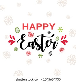 Happy Easter hand-drawing, lettering, greeting card with decorative eggs, spring flowers. Simple, modern design. Vector illustration for websites, blogs, banner, poster.