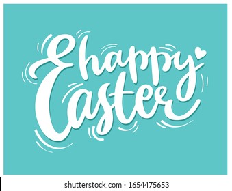 Happy Easter hand-drawn calligraphy and brush pen lettering. Vector design for invitation, greeting card, web, postcard. Creative white typography on aquamarine background.