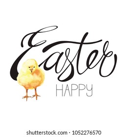 Happy Easter hand-drawn lettering. Template for postcard, card, invitation, poster, banner. Happy easter calligraphy isolated on white background.