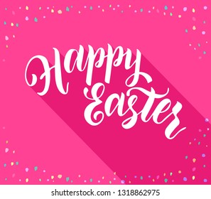 Happy Easter. Handdrawn modern brush lettering. Lettering  with long shadow, isolated on pink background. Vector illustration.