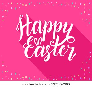Happy Easter. Handdrawn modern brush lettering. Lettering  with long shadow, isolated on pink background. Vector illustration.