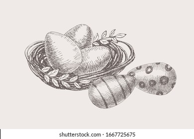 Happy Easter. Hand-drawn painted eggs in a wicker nest from branches with leaves on a light background. Symbol of the spring religious holiday. Vintage seasonal vector illustration.