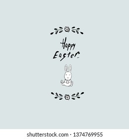 Happy Easter. Hand-drawn rabbit with egg and the inscription. Vector illustration.