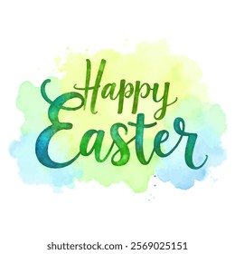 "Happy Easter" hand-lettered in a fresh, spring-like watercolor style with shades of green and blue against a soft, blended background of yellow, green, and blue.