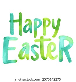 "Happy Easter" hand-lettered in a fresh, spring-like watercolor style using various shades of green. 