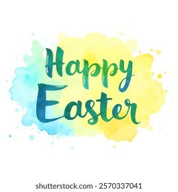 "Happy Easter" hand-lettered in a fresh, spring-like watercolor style with shades of green and blue, set against a soft, blended background of yellow, green, and blue. 